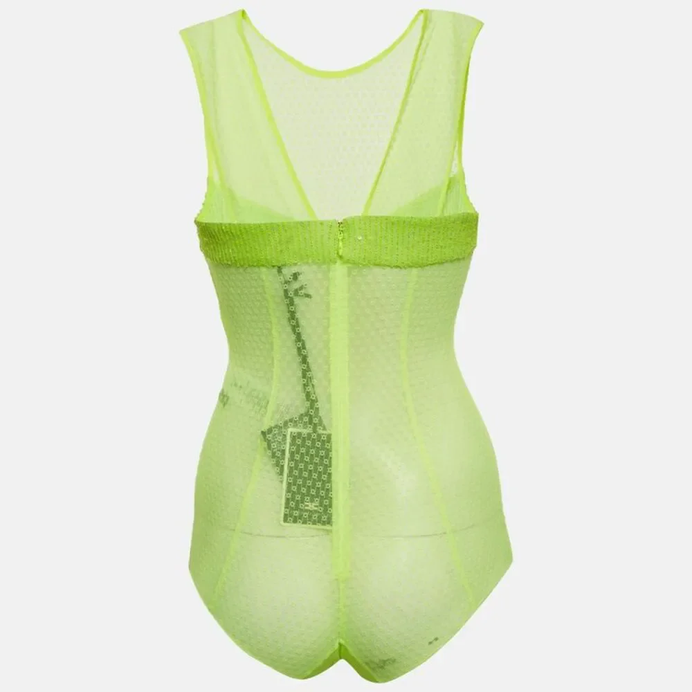 Elisabetta Franchi Neon Green Mesh Sequin Bodysuit M - Picture 2 of 6